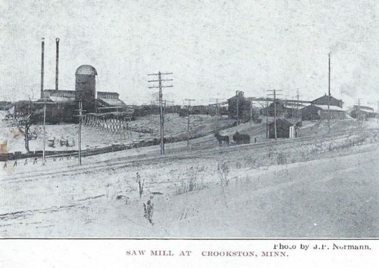 Black and white photograph of the Crookston sawmill as pictured in E. D. Childs album, ca. 1890–1915.