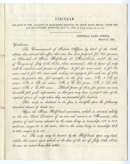 Circular explaining the location of half-breed Dakota scrip, March 21, 1857.