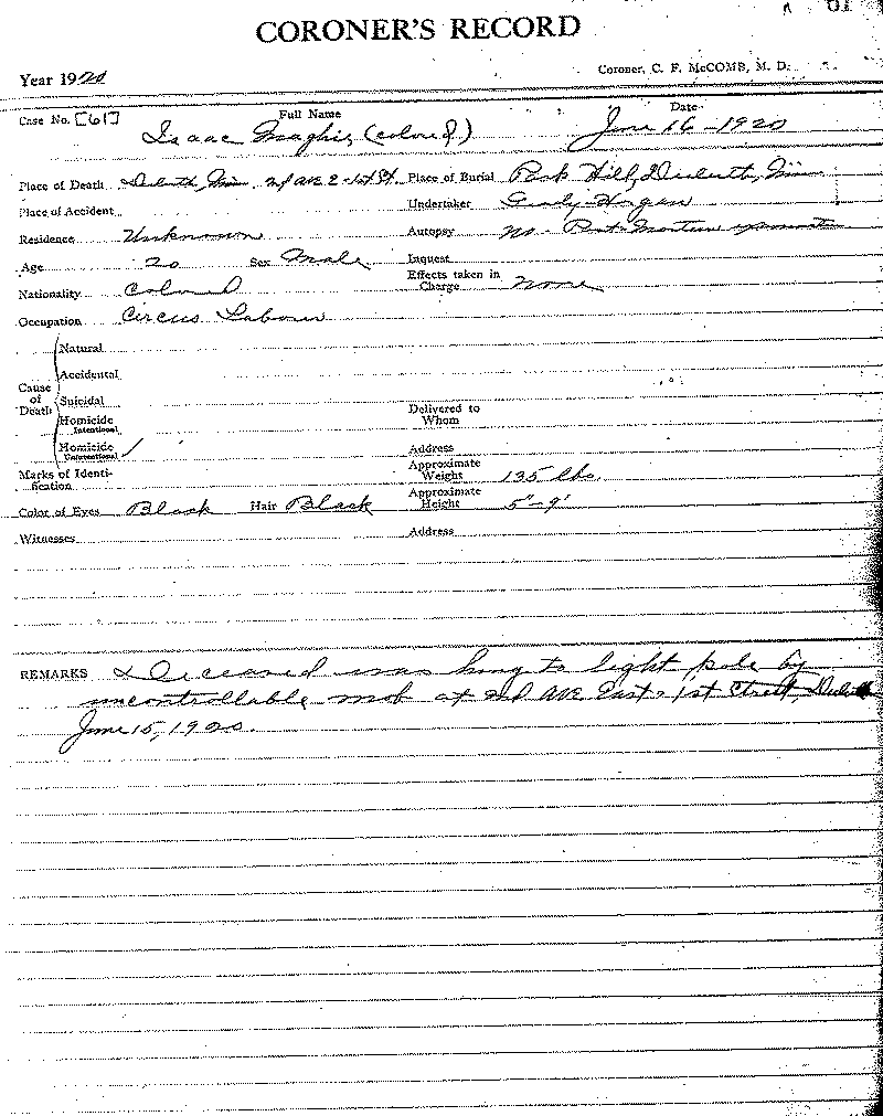 Isaac McGhie. Coroner's Records, Duluth District. No. 61.