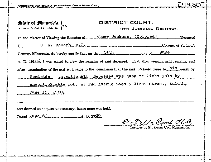 Elmer Jackson. No. 7430. June 30, 1920. --Gov't Record(s)--Coroner's Certificate (gif)