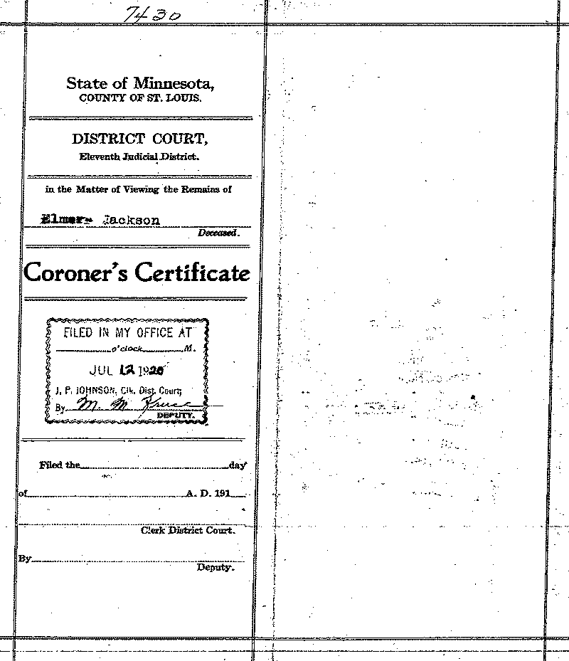 Elmer Jackson. No. 7430. June 30, 1920. --Gov't Record(s)--Coroner's Certificate (gif)