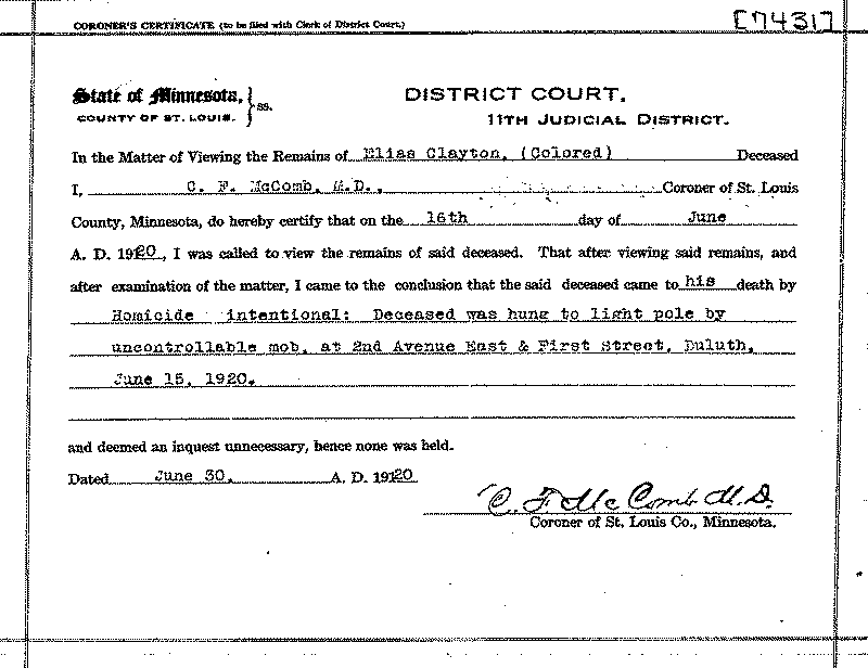 Elias Clayton. No. 7431. June 30, 1920.--Gov't Record(s)--Coroner's Certificate (gif)