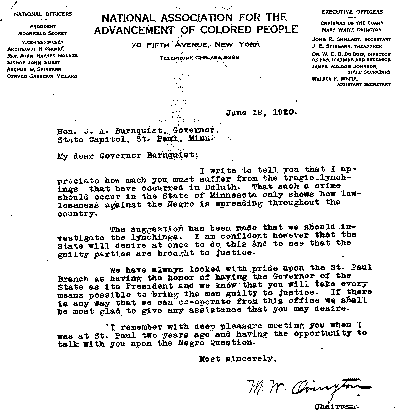 Letter from Mary White Ovington to J. A. A. Burnquist, June 18, 1920.