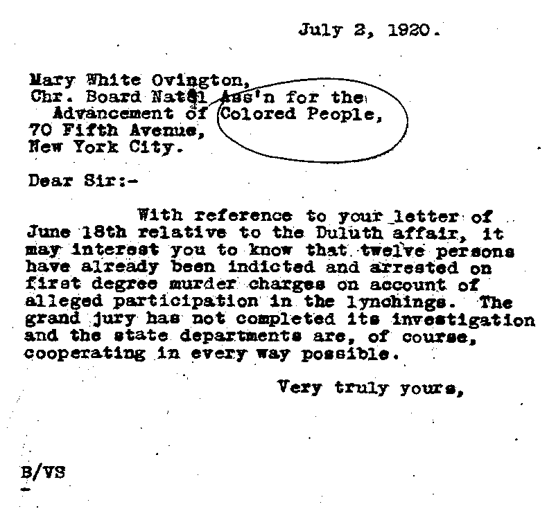 Letter from J. A. A. Burnquist to Mary White Ovington, July 2, 1920.
