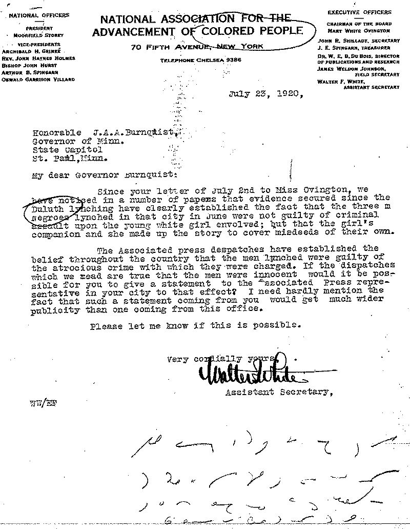 Letter from Walter F. White to J. A. A. Burnquist, July 23, 1920.