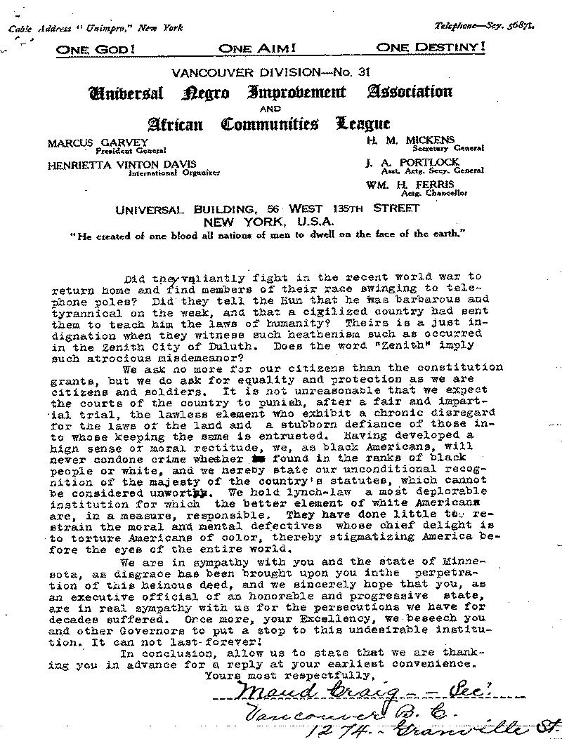 Letter from Maud Craig to J. A. A. Burnquist, June 19, 1920.--Correspondence (gif)
