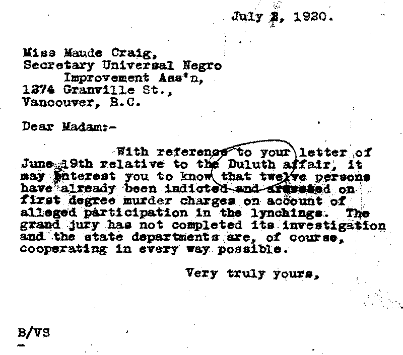 Letter from J. A. A. Burnquist to Maud Craig, July 2, 1920.