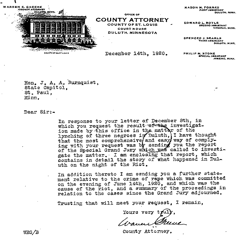 Letter from Warren E. Greene to J. A. A. Burnquist. December 14, 1920.