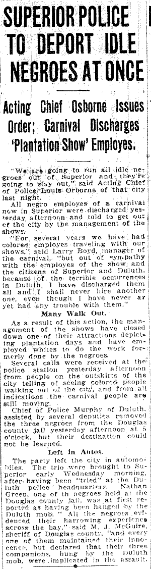 Superior Police to Deport Idle Negroes at Once.