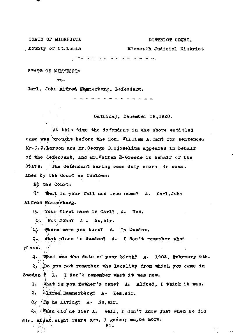 Carl John Alfred Hammerberg. No. 5148. Trial Transcript. June 1921.--Gov&#039;t Record(s)--Trial Transcript (gif)