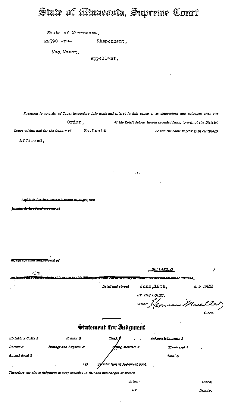 State of Minnesota vs. Max Mason. Case No. 22590. 1921-1922.