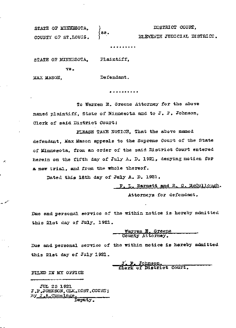 State of Minnesota vs. Max Mason. Case No. 22590. 1921.-1922. Notice of Appeal. July 18, 1921.--Gov't Record(s)--Notice of Appeal (gif)