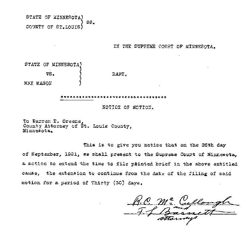 State of Minnesota vs. Max Mason. Case No. 22590. 1921-1922. Notice of Motion.