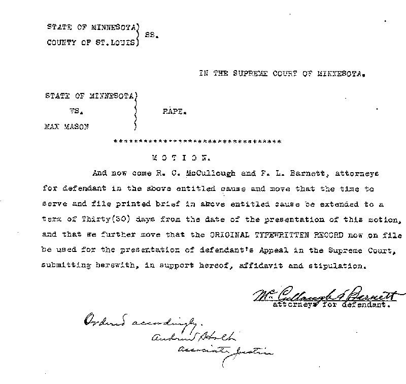 State of Minnesota vs. Max Mason. Case No. 22590. 1921-1922. Motion.