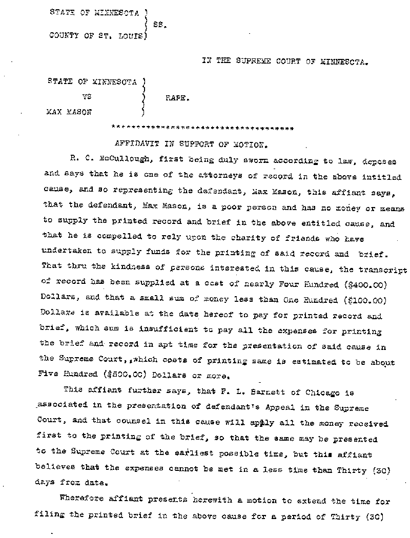 State of Minnesota vs. Max Mason. Case No. 22590. 1921-1922. Affidavit in Support of Motion.--Gov't Record(s)--Affidavit in Support of Motion (gif)