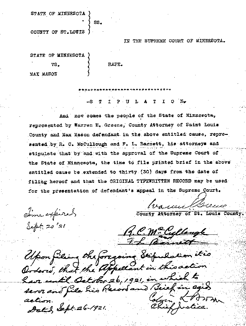 State of Minnesota vs. Max Mason. Case No. 22590. 1921-1922. Stipulation.