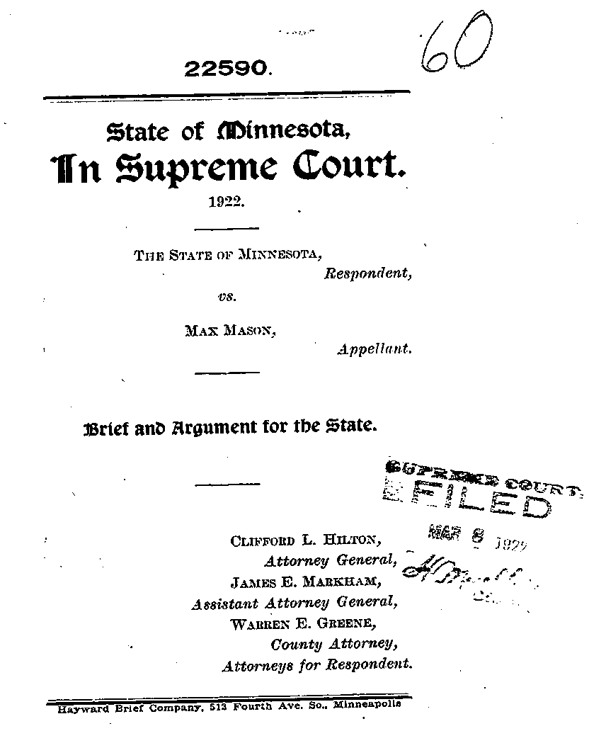 State of Minnesota vs. Max Mason. Case No. 22590. 1921-1922. Brief and Argument for the State.--Gov't Record(s)--Brief and Argument for the State (gif)