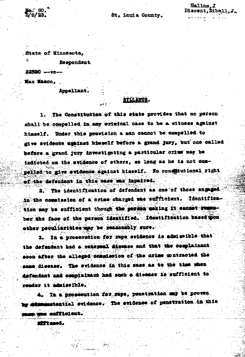 State of Minnesota vs. Max Mason. Case No. 22590. 1921-1922. Opinion and Syllabus.--Gov't Record(s)--Opinion and Syllabus (gif)