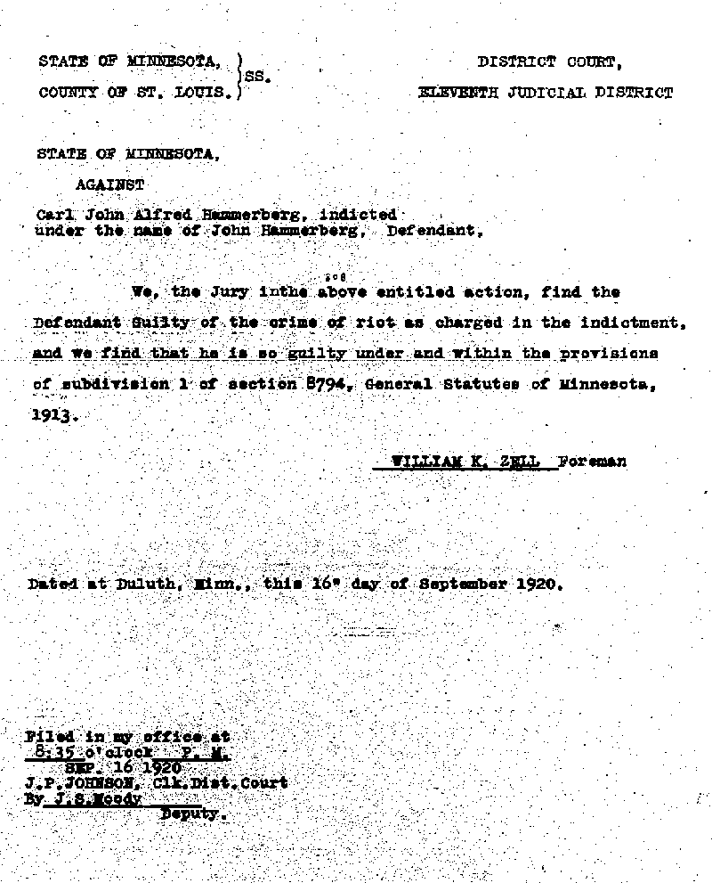 Carl John Alfred Hammerberg. Case No. 5148. Jury Verdict. January 1921.