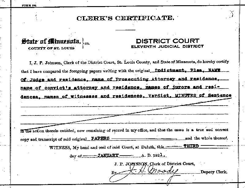 Carl John Alfred Hammerberg. Case No. 5148. Clerk's Certificate. January 1921.--Gov't Record(s)--Clerk's Certificate (gif)