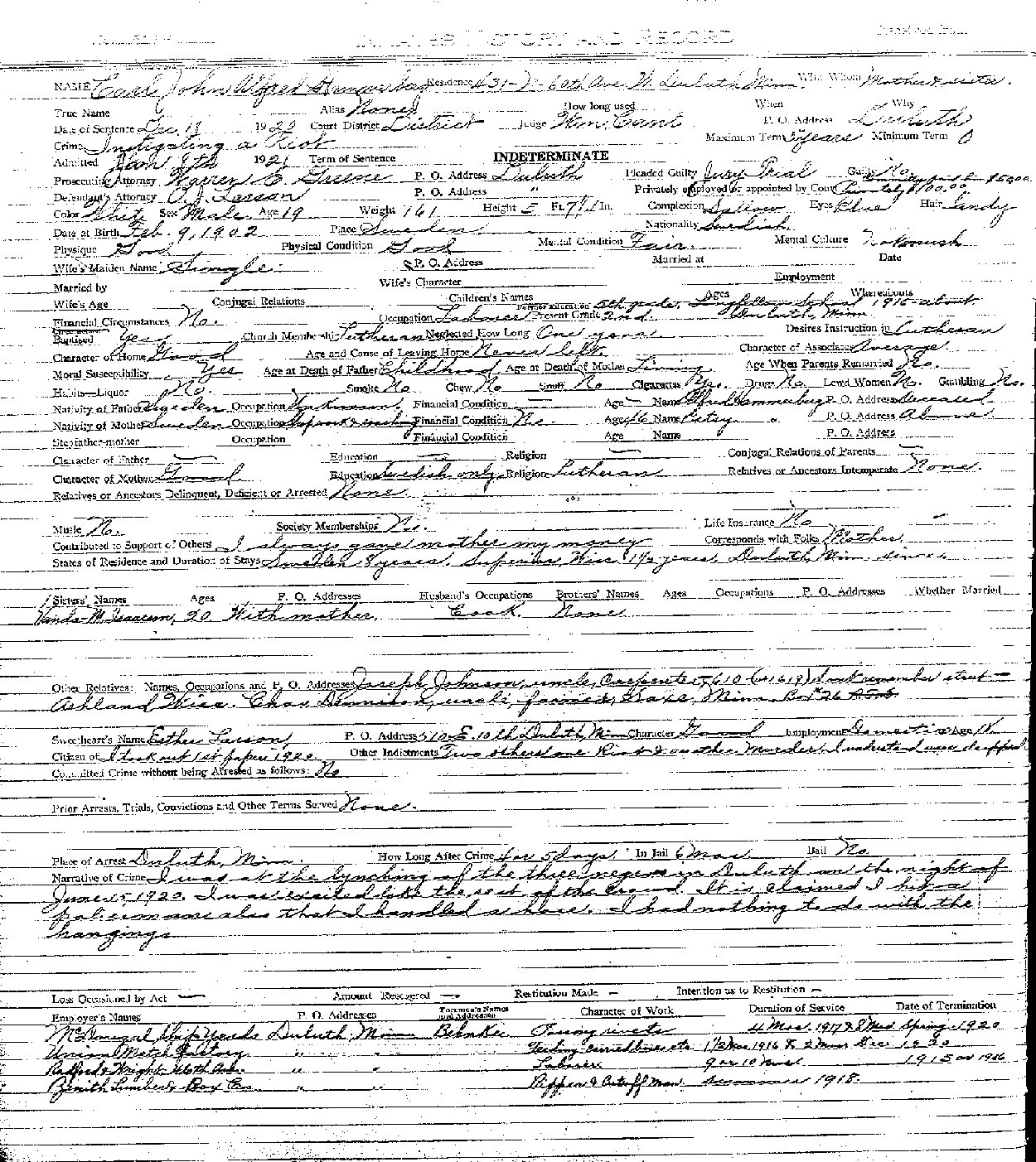 Carl John Alfred Hammerberg. Case No. 5148. 1921-1924 (entries).--Gov't Record(s)--Inmate History and Record (gif)