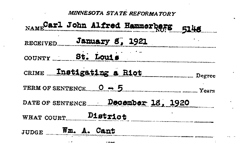 Carl John Alfred Hammerberg. Case No. 5148.  Information Card.