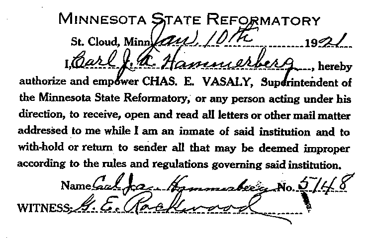Carl John Alfred Hammerberg. Case No. 5148. Authorization to Open Incoming Mail, January 10, 1921.