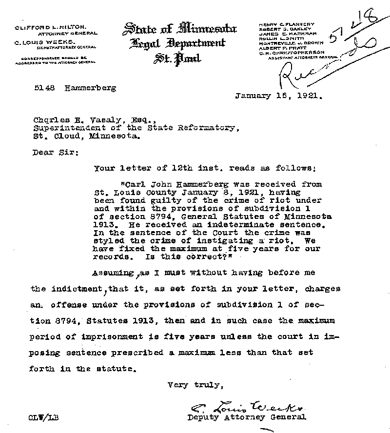 Carl John Alfred Hammerberg. Case No. 5148. Letter from C. Louis Weeks to Charles E. Vasaly, January 15, 1921.