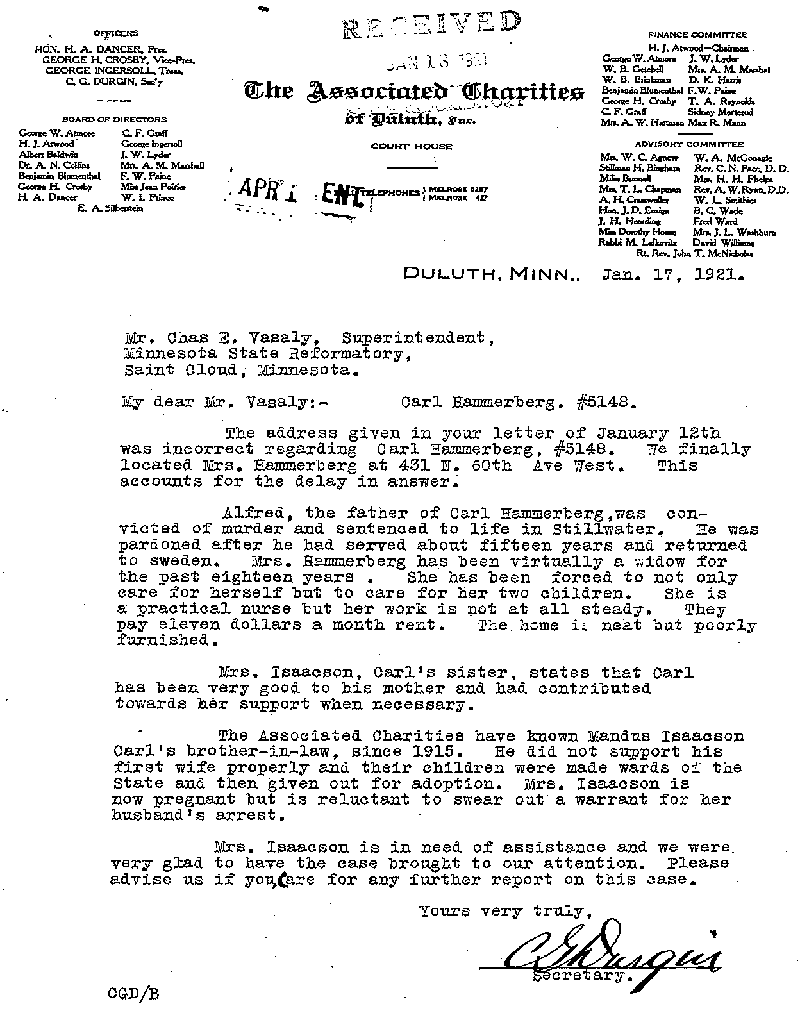 Carl John Alfred Hammerberg. Case No. 5148. Letter from C. G. Durgin to Charles E. Vasaly, January 17, 1921.