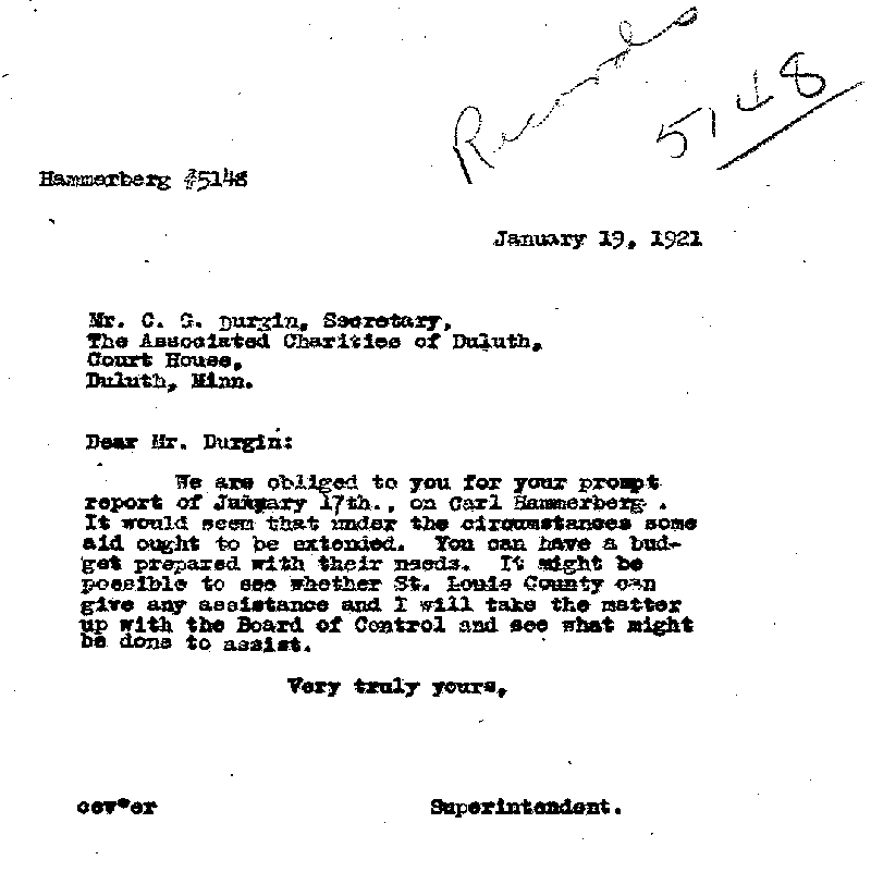 Carl John Alfred Hammerberg. Case No. 5148. Letter from Charles E. Vasaly to C. G. Durgin, January 19, 1921.