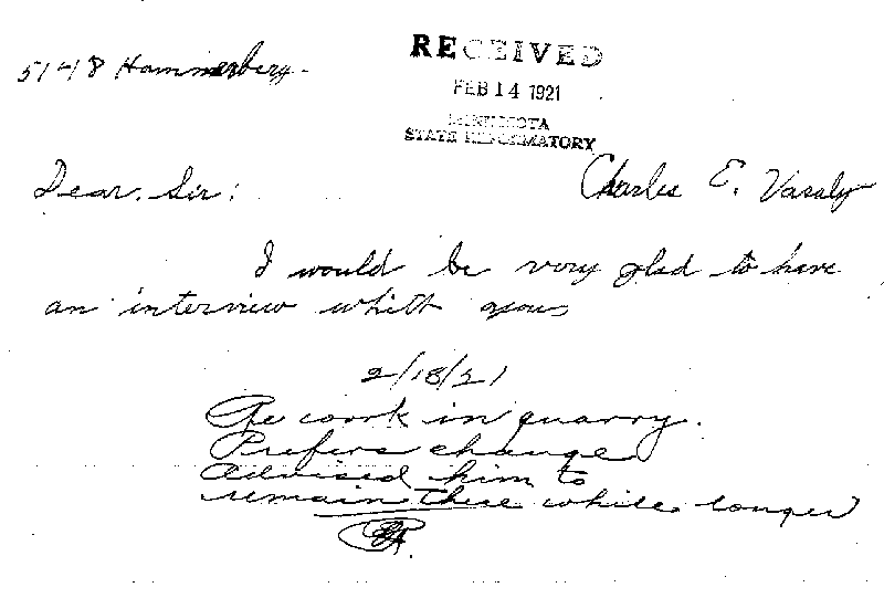 Carl John Alfred Hammerberg. Case No. 5148. Letter from Carl John Alfred Hammerberg to Charles E. Vasaly, February 14, 1921.