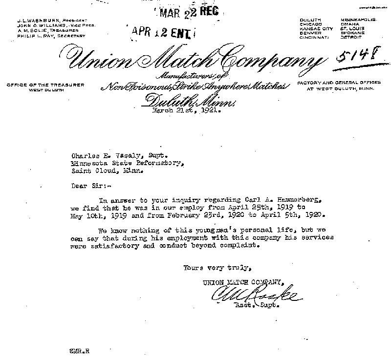 Carl John Alfred Hammerberg. Case No. 5148. Letter from C. M. Raske to Charles E. Vasaly, March 21, 1921.