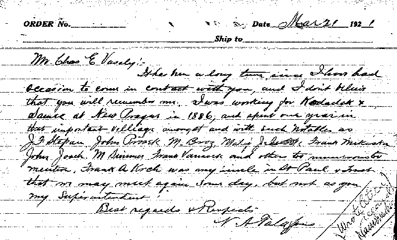 Carl John Alfred Hammerberg. Case No. 5148. Letter from N. A. Talafous to Charles E. Vasaly, March 21, 1921.