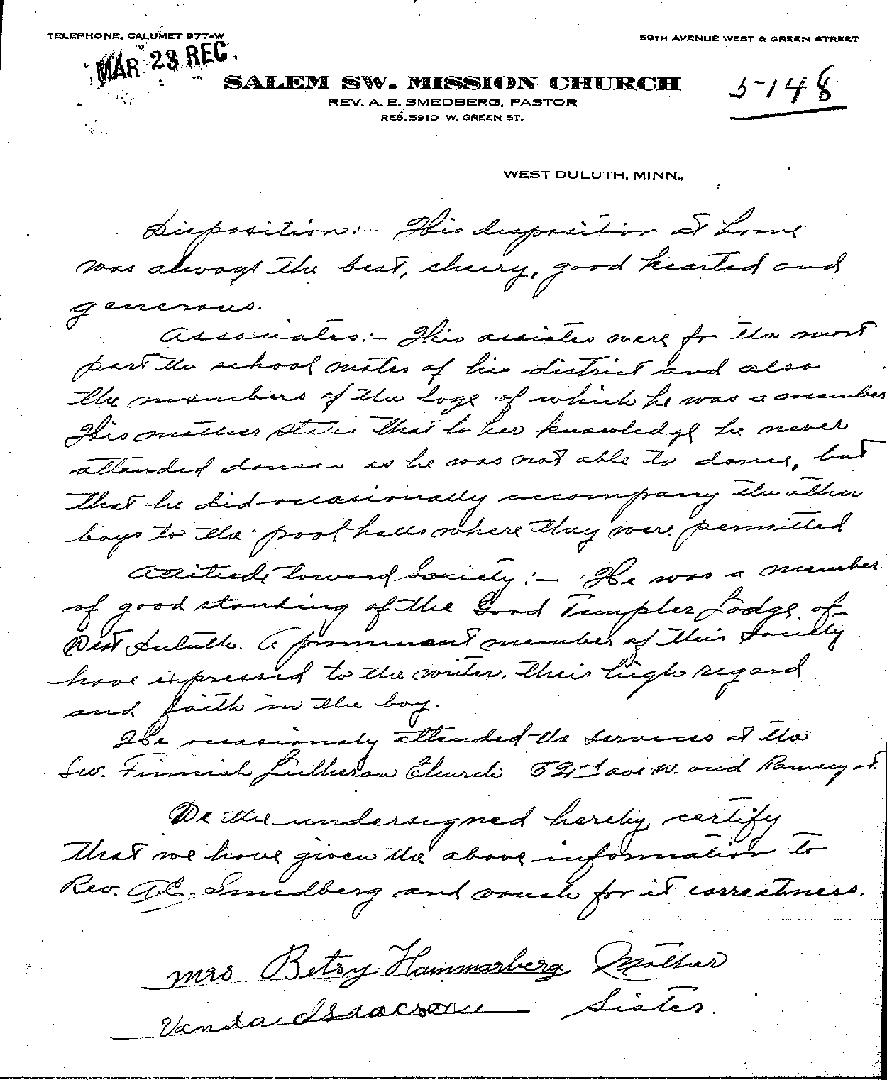  Carl John Alfred Hammerberg. Case No. 5148. Letter from Betsy Hammerberg and Vanda Isaacson to Charles E. Vasaly, March 21, 1921.--Correspondence (gif)