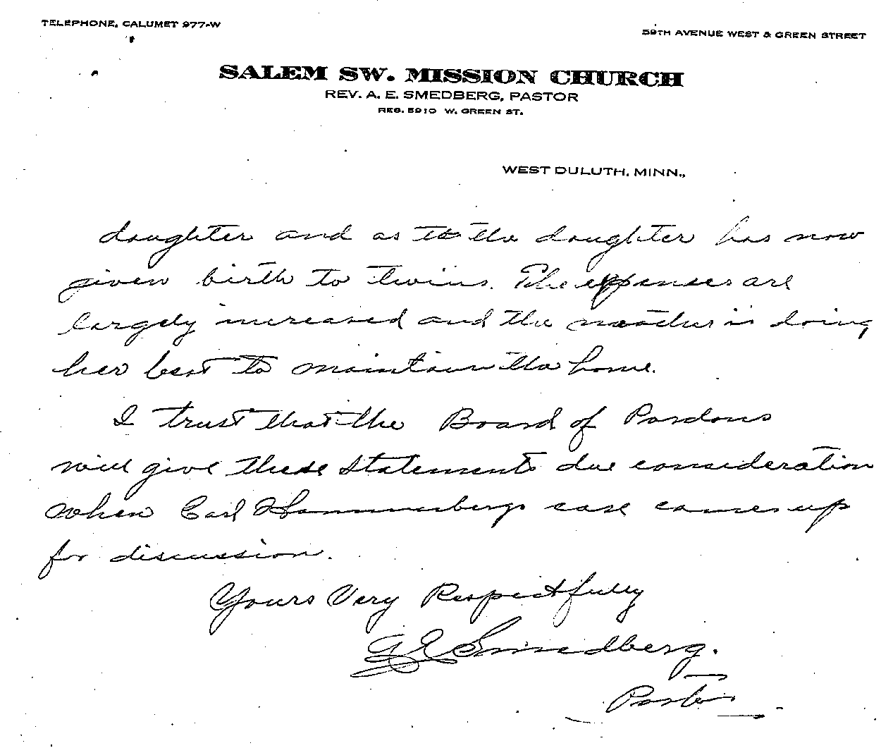 Carl John Alfred Hammerberg. Case No. 5148. Letter from A. E. Smedberg to Charles E. Vasaly, March 23, 1921.--Correspondence (gif)