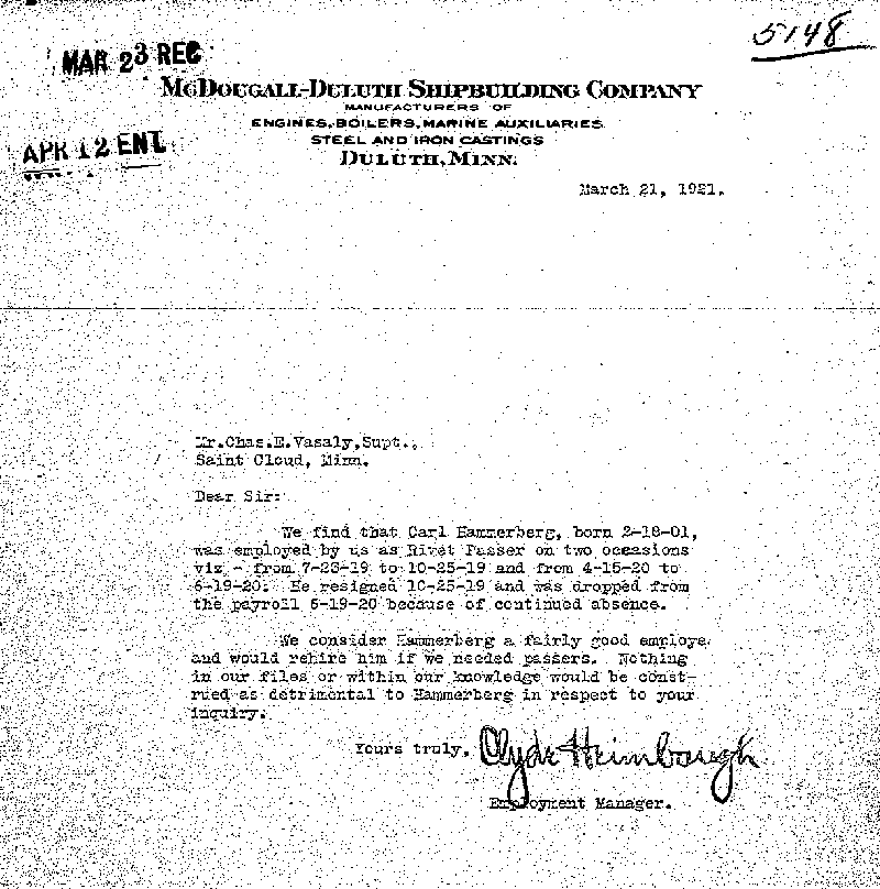 Carl John Alfred Hammerberg. Case No. 5148. Letter from Clyde Heimbaugh to Charles E. Vasaly, March 21, 1921.
