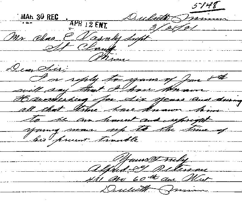 Carl John Alfred Hammerberg. Case No. 5148. Letter from Alfred G. Peterson to Charles E. Vasaly, March 28, 1921.