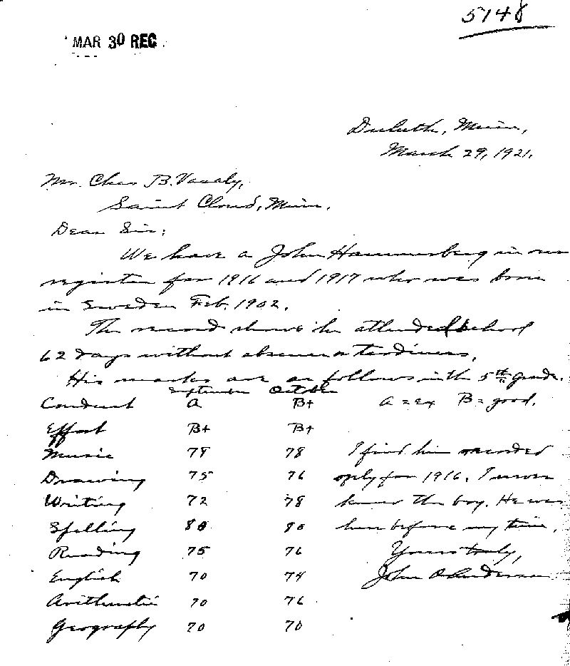 Carl John Alfred Hammerberg. Case No. 5148. Letter from John [illegible] to Charles E. Vasaly, March 29, 1921.