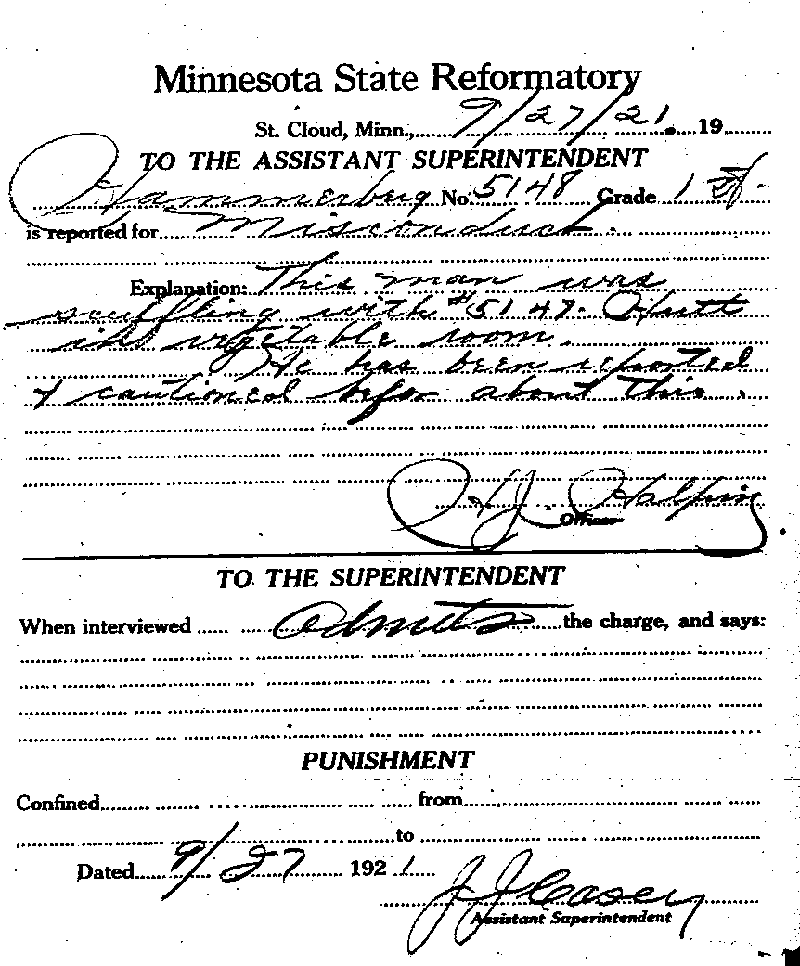 Carl John Alfred Hammerberg. Case No. 5148. Incident Report, September 27, 1921.--Gov't Record(s)--Incident Report (gif)