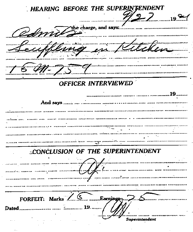 Carl John Alfred Hammerberg. Case No. 5148. Incident Report, September 27, 1921.--Gov't Record(s)--Incident Report (gif)