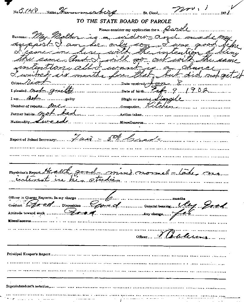 Carl John Alfred Hammerberg. Case No. 5148. Application for Parole, November 1, 1921.