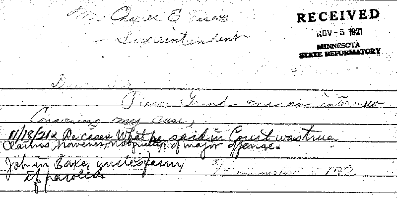 Carl John Alfred Hammerberg. Case No. 5148. Letter from Carl John Alfred Hammerberg to Charles E. Vasaly, November 5, 1921.