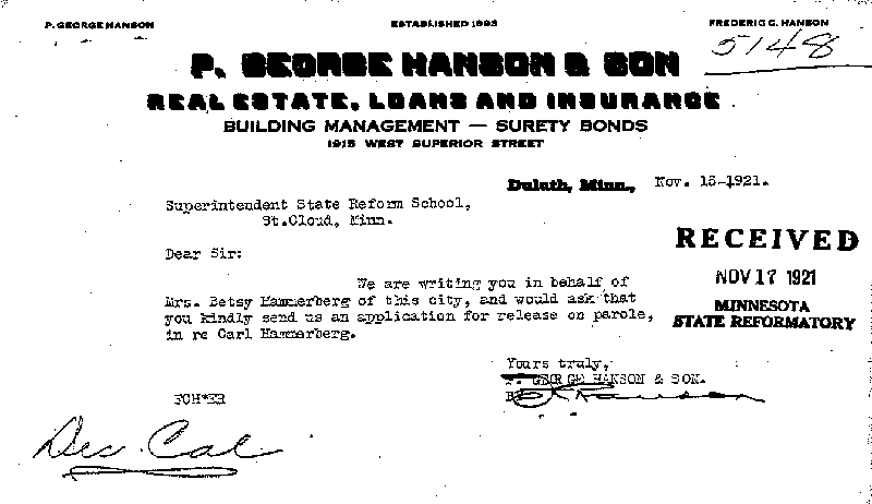 Carl John Alfred Hammerberg. Case No. 5148. Letter from Frederic C. Hanson to Charles E. Vasaly, November 15, 1921.