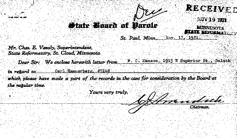 Carl John Alfred Hammerberg. Case No. 5148. Letter from Frederic C. Hanson to State Board of Parole, November 15, 1921.--Correspondence (gif)