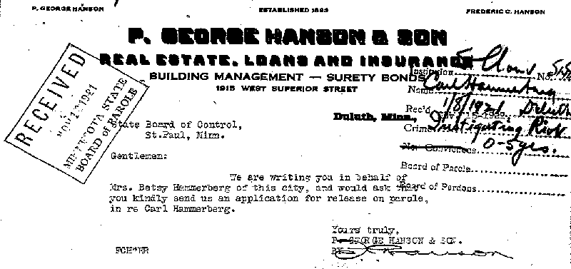 Carl John Alfred Hammerberg. Case No. 5148. Letter from Frederic C. Hanson to State Board of Parole, November 15, 1921.--Correspondence (gif)