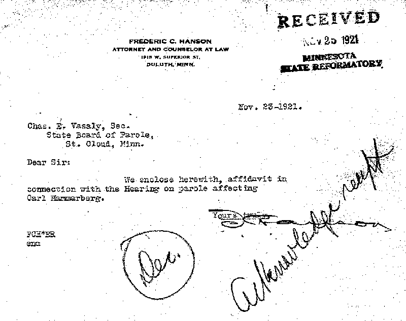 Carl John Alfred Hammerberg. Case No. 5148. Letter from Frederic C. Hanson to Charles E. Vasaly, November 23, 1921.--Correspondence (gif)