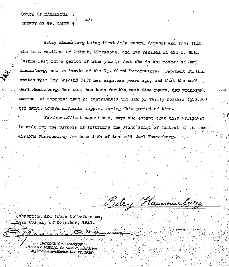 Carl John Alfred Hammerberg. Case No. 5148. Letter from Frederic C. Hanson to Charles E. Vasaly, November 23, 1921.--Correspondence (gif)