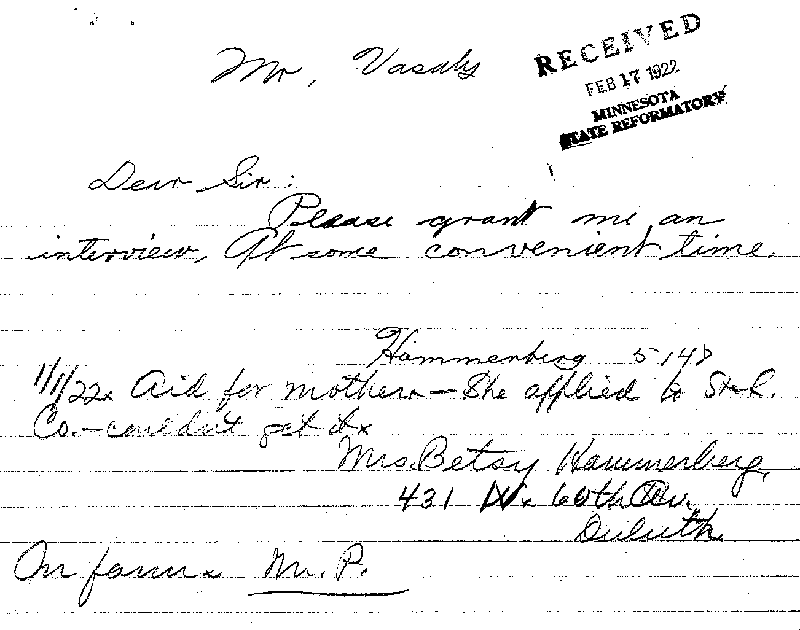 Carl John Alfred Hammerberg. Case No. 5148. Letter from Carl John Alfred Hammerberg to Charles E. Vasaly, February 17, 1922.