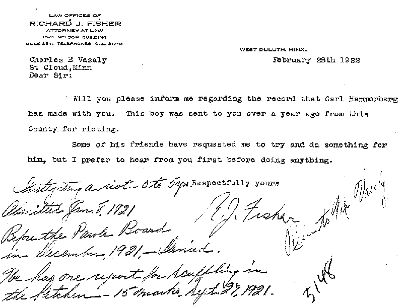 Carl John Alfred Hammerberg. Case No. 5148. Letter from Richard J. Fisher to Charles E. Vasaly, February 28, 1922.