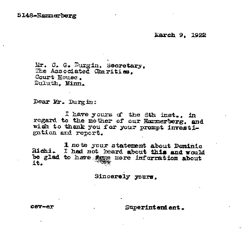 Carl John Alfred Hammerberg. Case No. 5148. Letter from Charles E. Vasaly to C. G. Durgin, March 9, 1922.